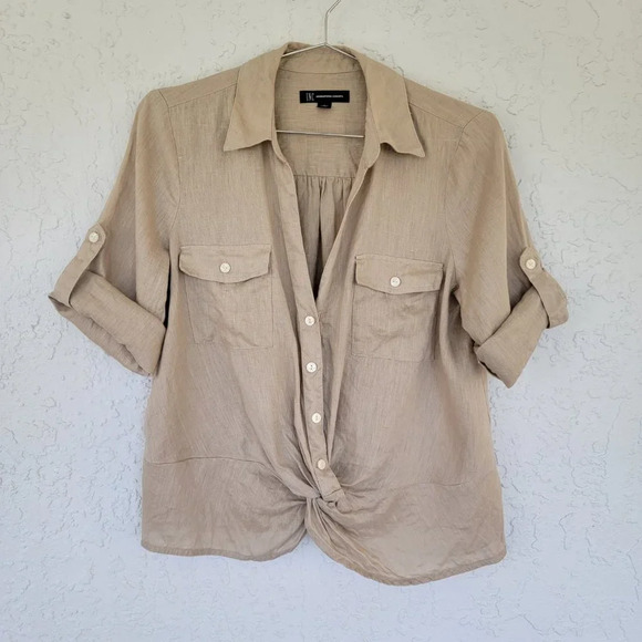 INC International Concepts Tops - INC Linen Buttondown Cropped Top Womens Size S Tan Brown Twisted Front